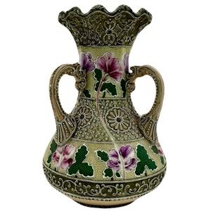 Antique Nippon Porcelain Tri-handled Purple & Green Japanese Moriage Vase 12”
